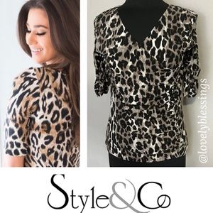Animal Print Slinky Faux Wrap Stretch Blouse Leopard Cheetah Black Tan XL Petite